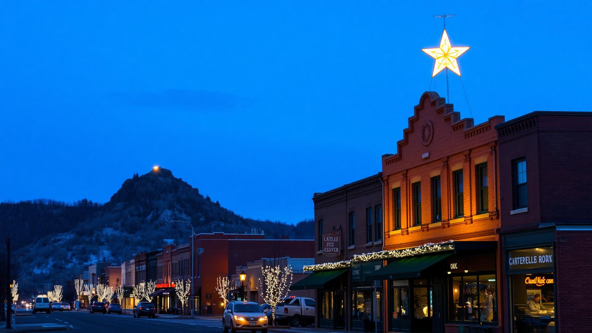 The Castle Rock star glowing above downtown Wilcox Street at dawn